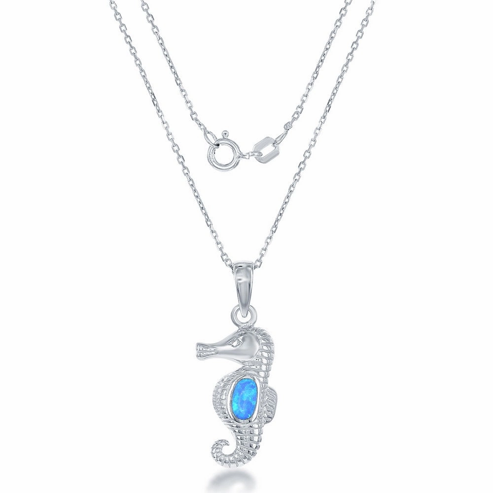Sterling Silver Blue Inlay Opal Seahorse Pendant