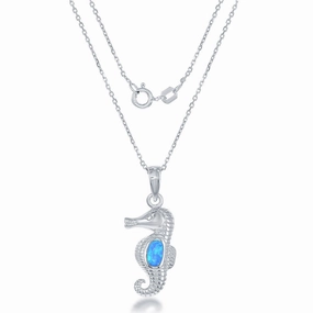 Sterling Silver Blue Inlay Opal Seahorse Pendant