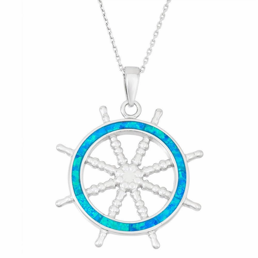 Sterling Silver Blue Inlay Opal Ships Wheel Pendant