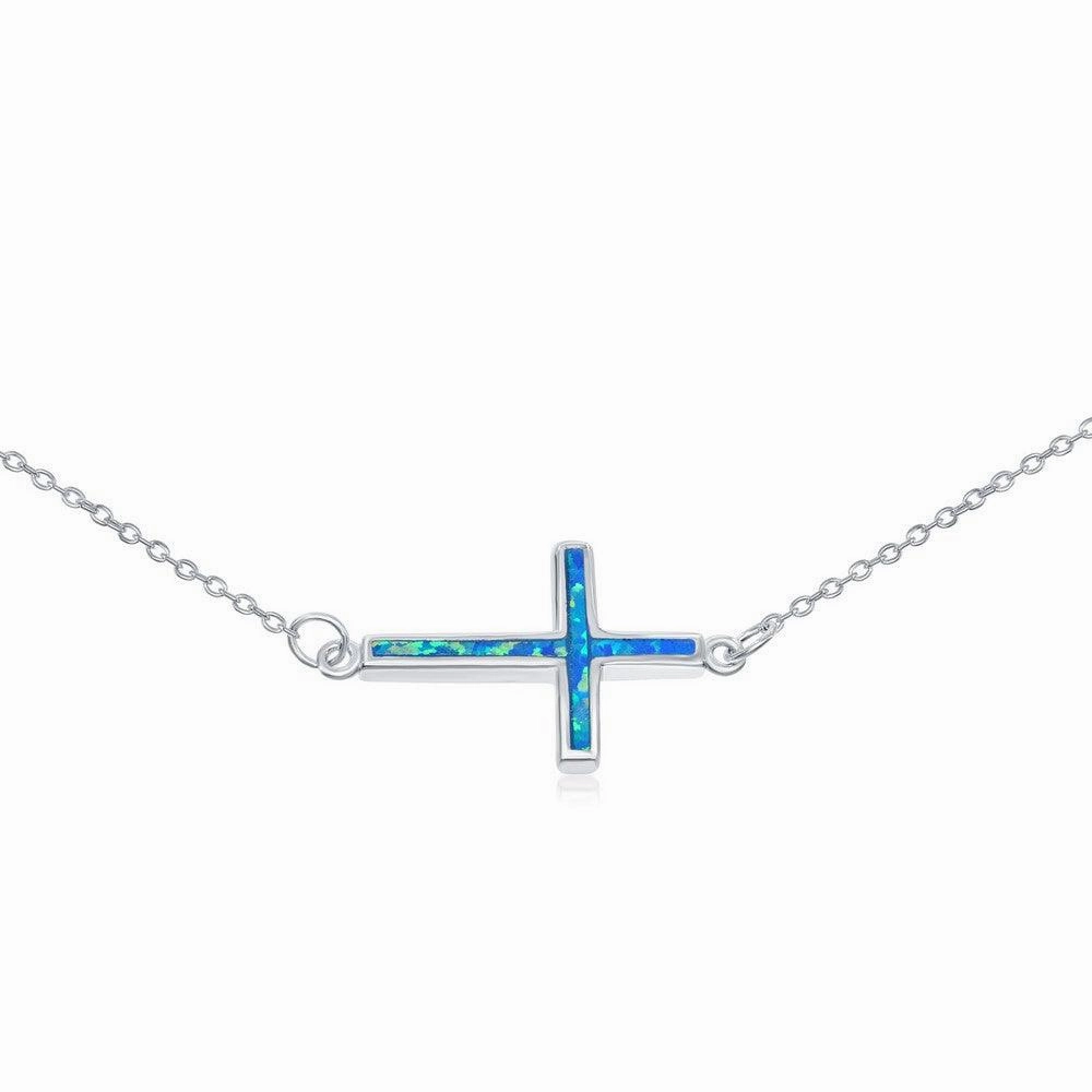 Sterling Silver Blue Inlay Opal Sideways Cross Choker Necklace