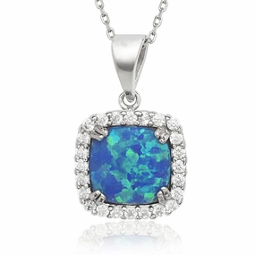 Sterling Silver Blue Inlay Opal Square CZ Pendant