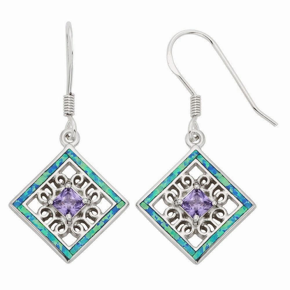 Sterling Silver Blue Inlay Opal Square Earrings