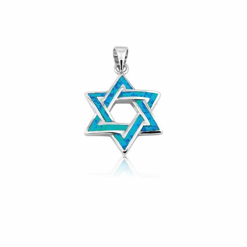 Sterling Silver Blue Inlay Opal Star of David Pendant