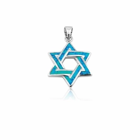 Sterling Silver Blue Inlay Opal Star of David Pendant