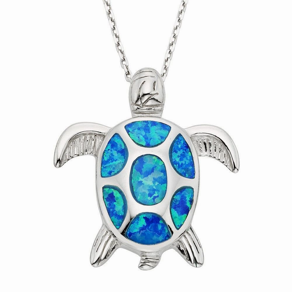 Sterling Silver Blue Inlay Opal Turtle Pendant