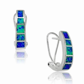 Sterling Silver Blue Inlay Squares Hoop Earrings