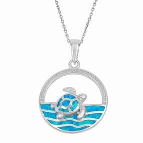 Sterling Silver Blue Inlay Waves and Turtle Pendant
