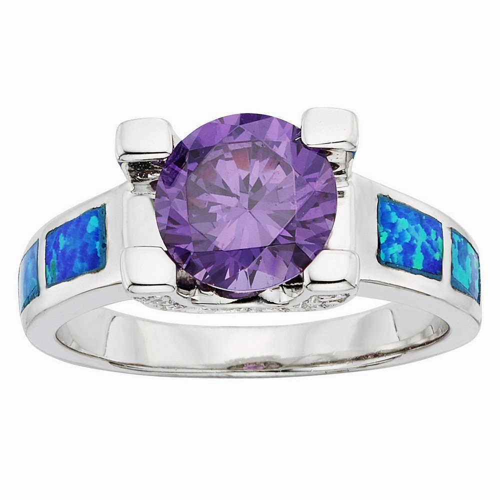Sterling Silver Blue Opal and Amethyst Circle CZ Ring - W-9462