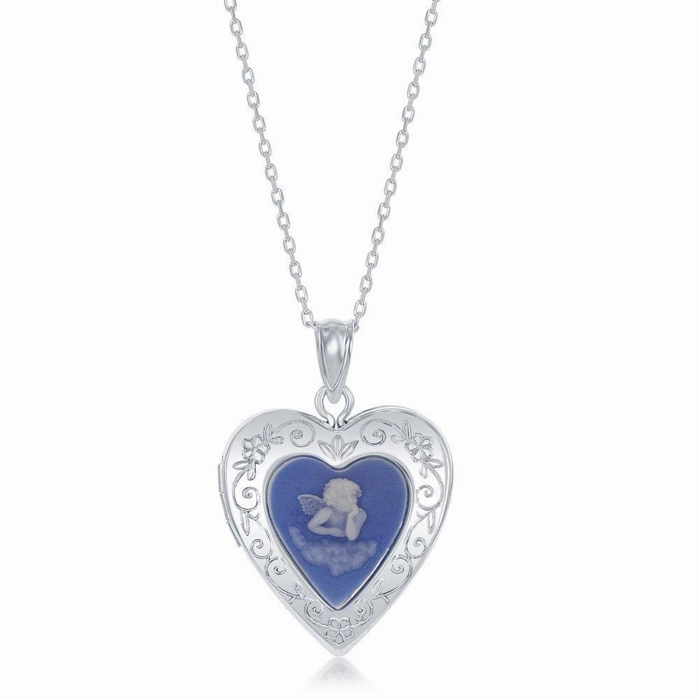 Sterling Silver Blue Stone Angel Cameo Heart Locket
