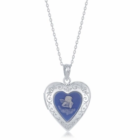 Sterling Silver Blue Stone Angel Cameo Heart Locket