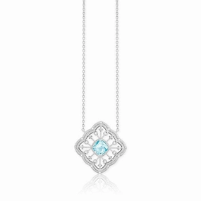 Sterling Silver Blue Topaz Square Diamond Necklace