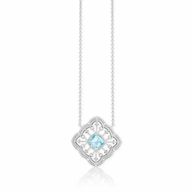 Sterling Silver Blue Topaz Square Diamond Necklace