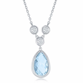 Sterling Silver Blue Topaz Teardrop with 3 White Topaz Necklace