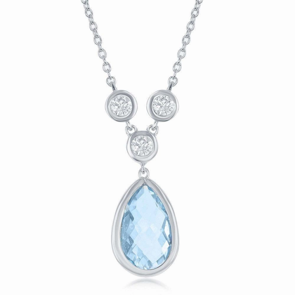Sterling Silver Blue Topaz Teardrop with 3 White Topaz Necklace