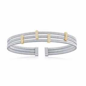 Sterling Silver Bonded with 14K GP CZ Bars Triple Wire Bangle