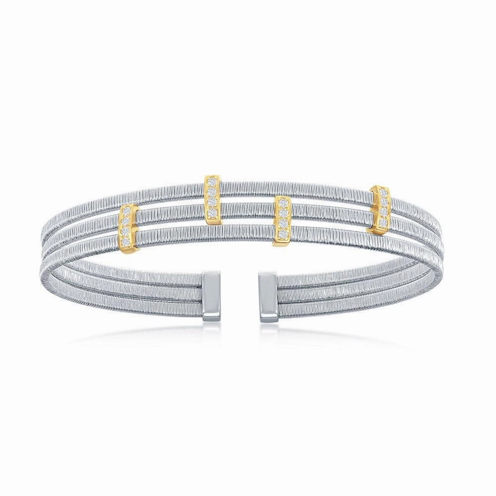 Sterling Silver Bonded with 14K GP CZ Bars Triple Wire Bangle