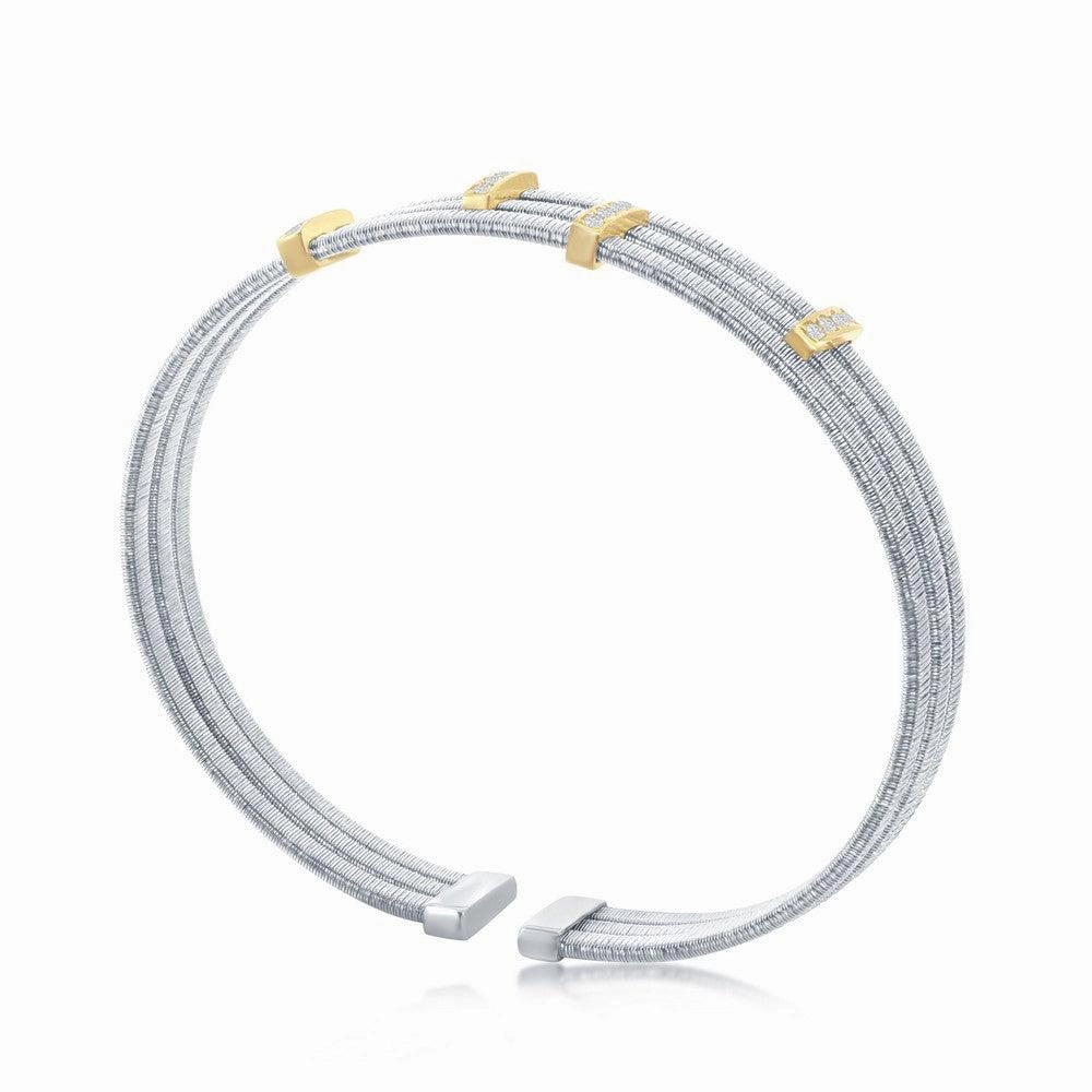 Sterling Silver Bonded with 14K GP CZ Bars Triple Wire Bangle