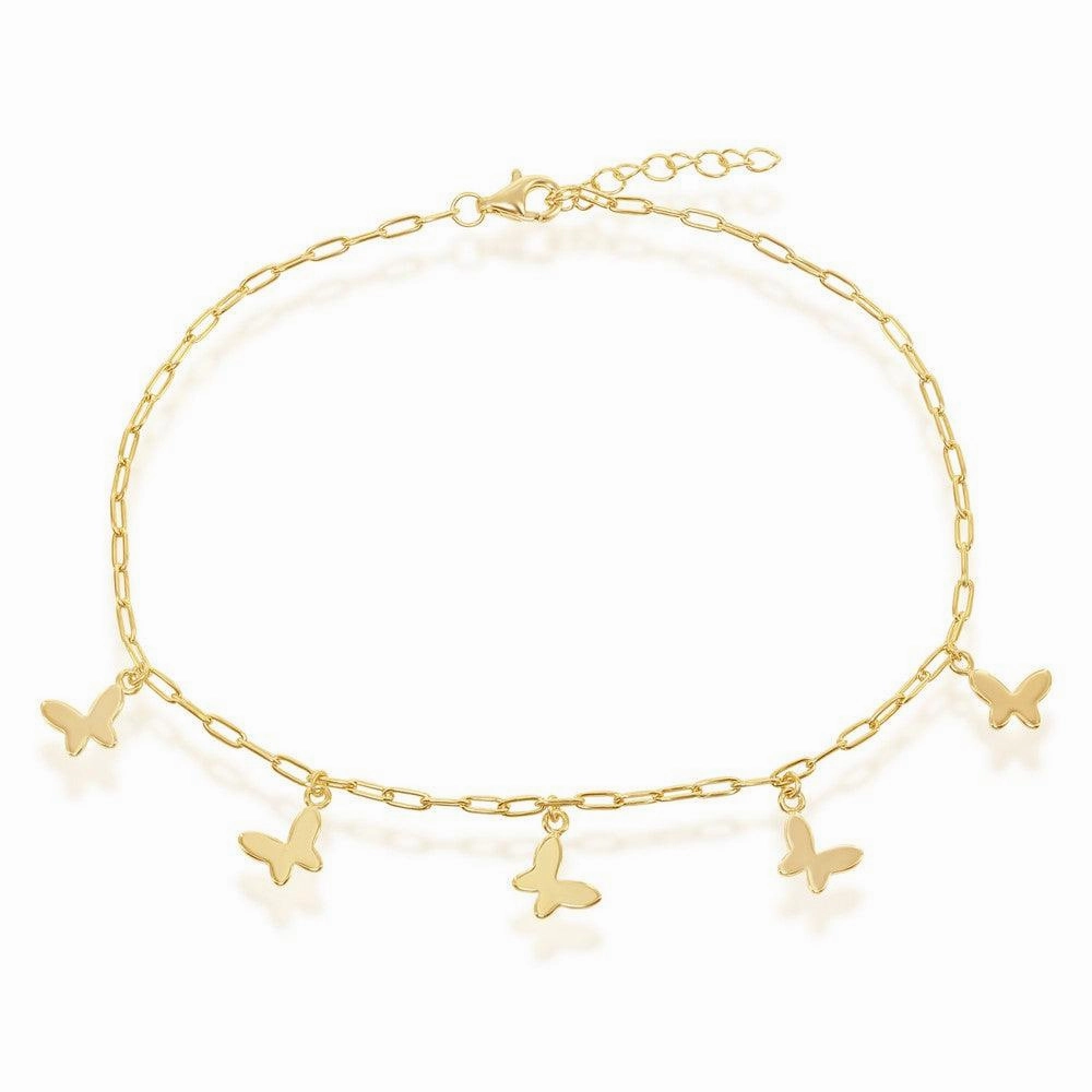 Sterling Silver Butterfly Charms Paperclip Anklet - Gold Plated
