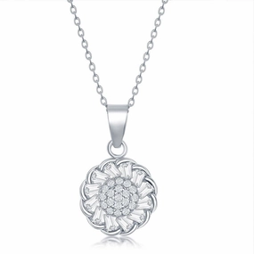Sterling Silver Center and Baguette CZ Border Flower Necklace