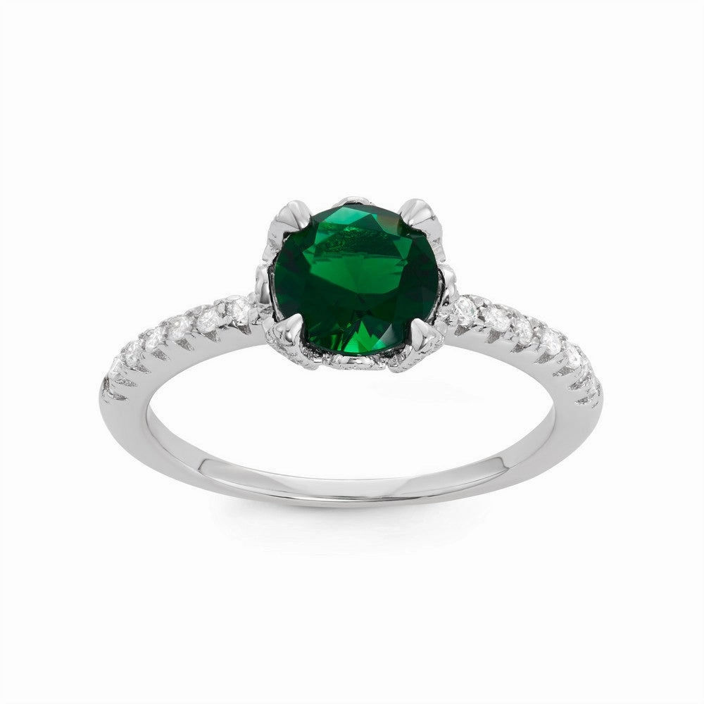 Sterling Silver Center Green Emerald with CZ Band Ring - W-1527