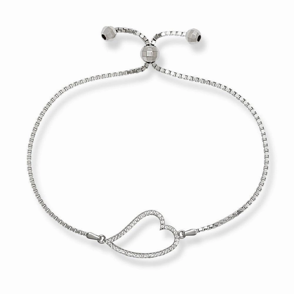 Sterling Silver Center Open CZ Heart and Beads Box Chain Bracelet