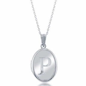 Sterling Silver Center P Initial Oval Locket Chain