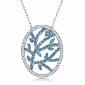 Sterling Silver Center Torqouise Branch Design with CZ Border Necklace