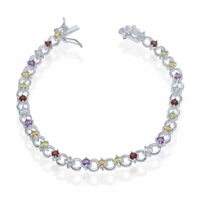 Sterling Silver Circle Linked Bracelet with Multicolor Gemstones