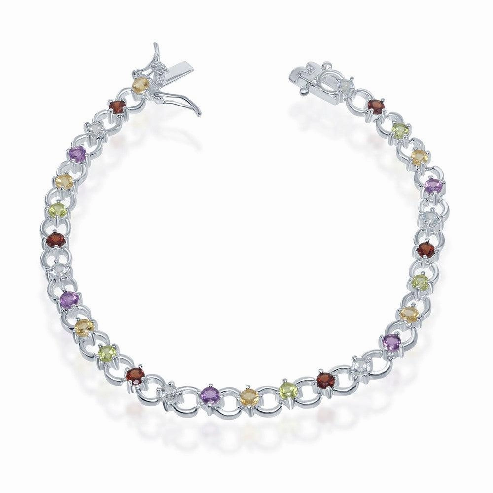 Sterling Silver Circle Linked Bracelet with Multicolor Gemstones