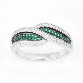 Sterling Silver Crossed Emerald and CZ Micro Pave Ring - W-9908