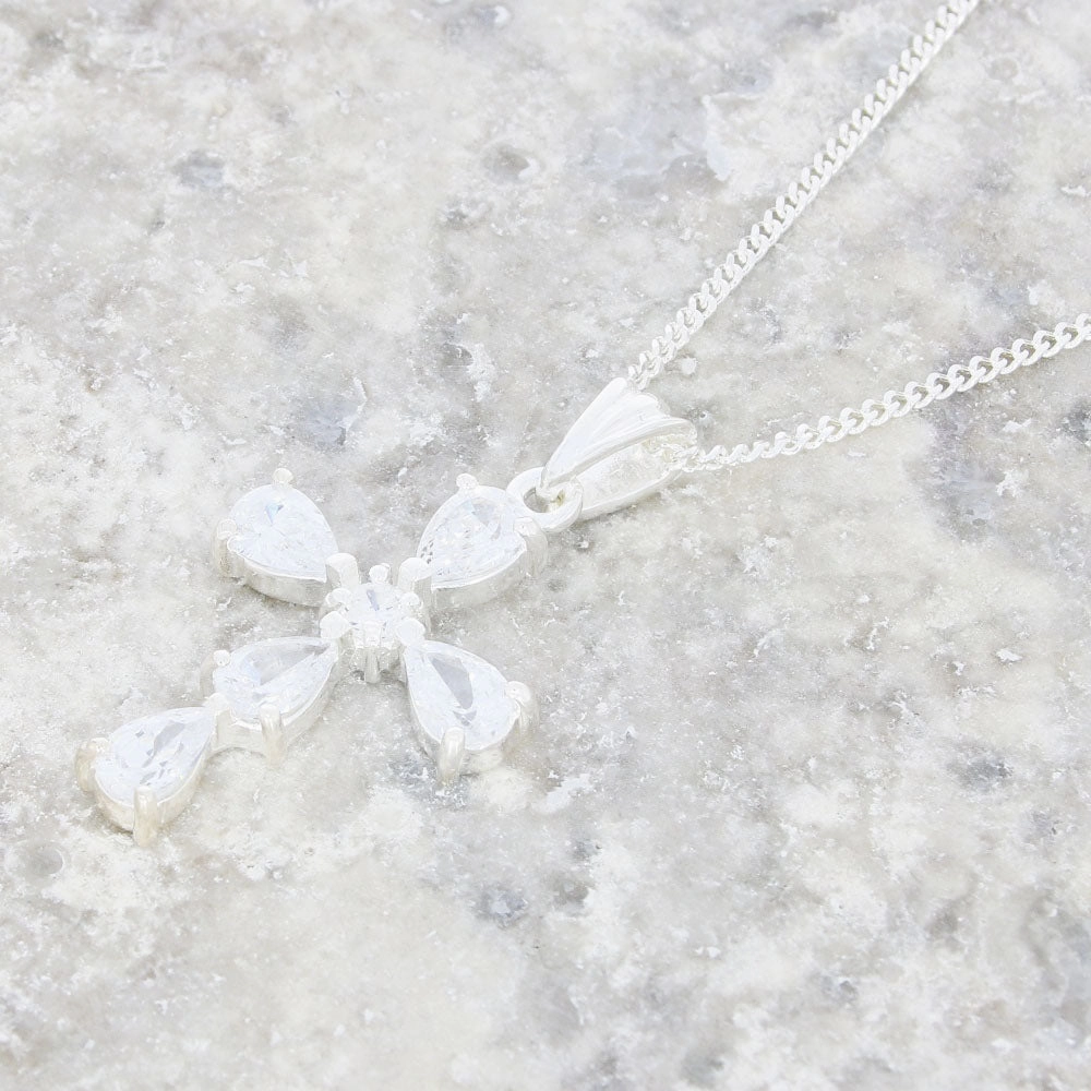 Sterling Silver Cubic Zirconia Cross Pendant And Chain