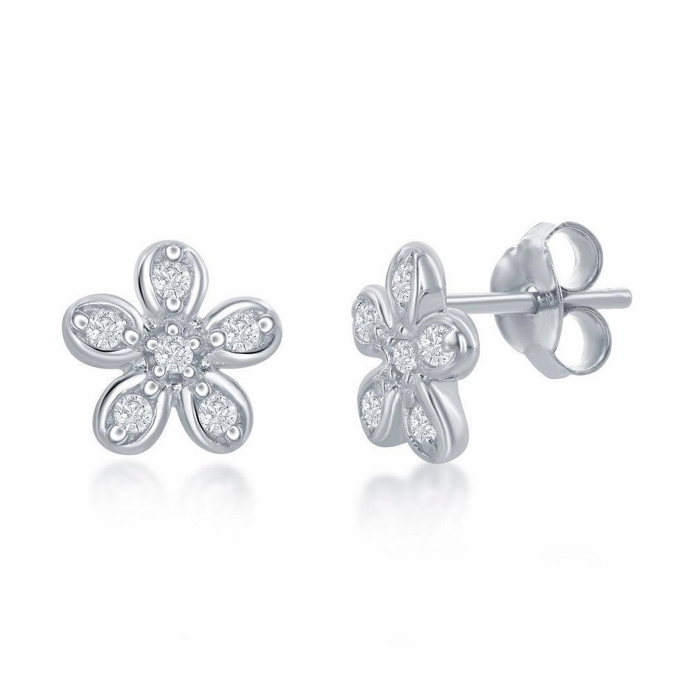 Sterling Silver Cubic Zirconia Flower Necklace and Earrings Set