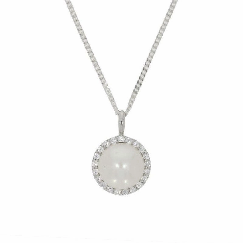 Sterling Silver Cubic Zirconia Freshwater Pearl Ladies Pendant and Chain