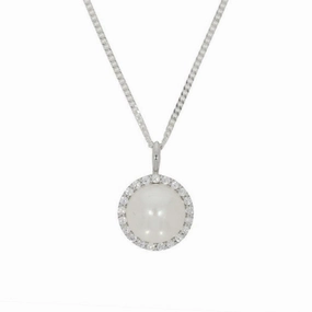 Sterling Silver Cubic Zirconia Freshwater Pearl Ladies Pendant and Chain