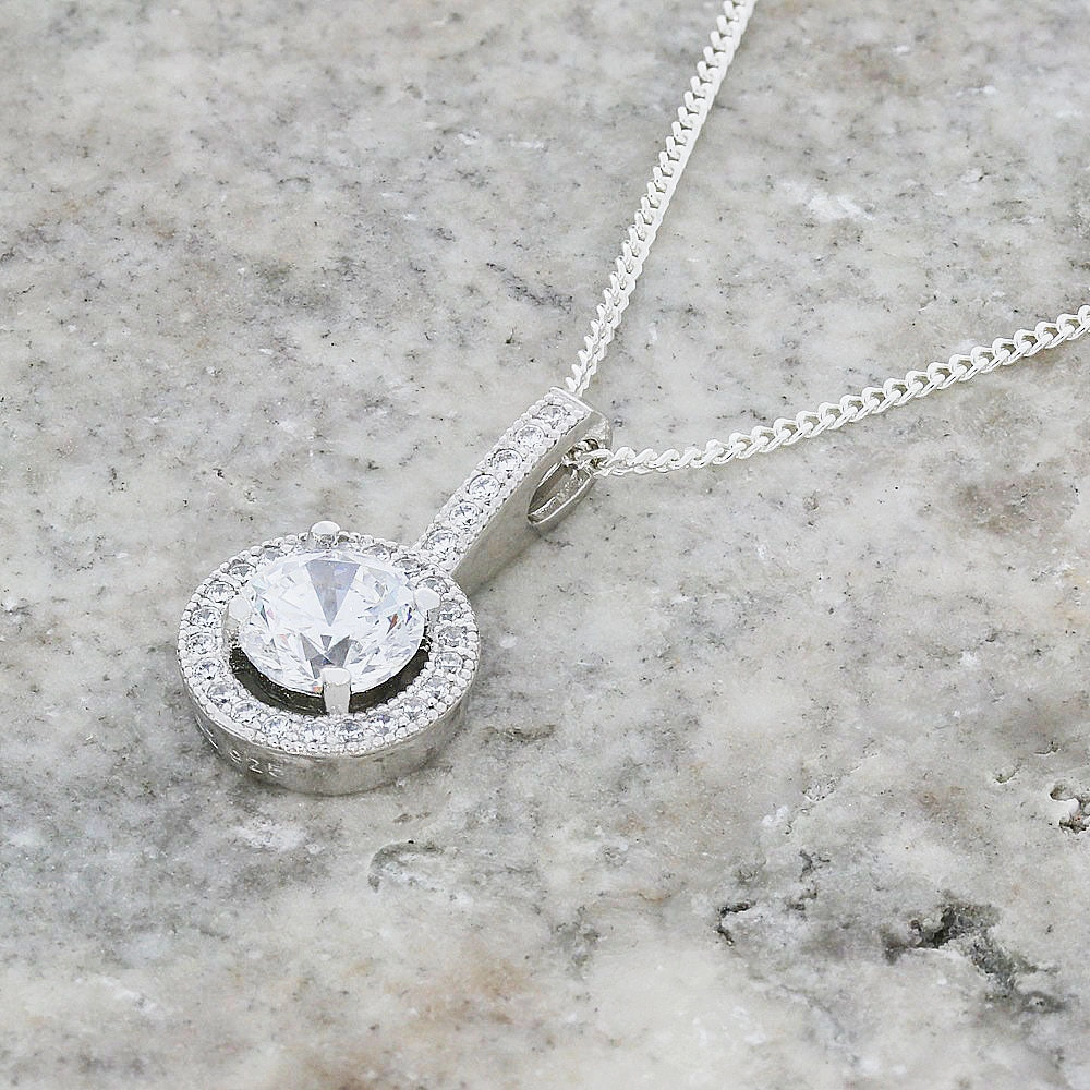 Sterling Silver Cubic Zirconia Halo Pendant & Chain
