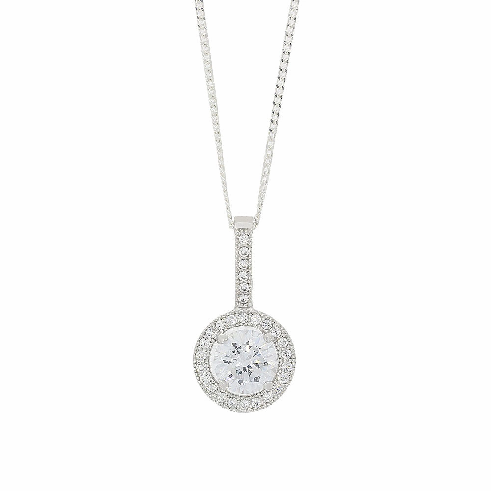 Sterling Silver Cubic Zirconia Halo Pendant & Chain