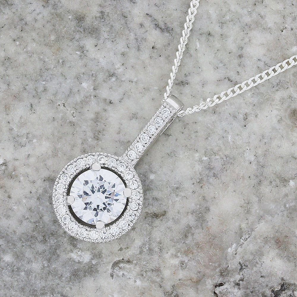 Sterling Silver Cubic Zirconia Halo Pendant & Chain
