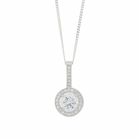 Sterling Silver Cubic Zirconia Halo Pendant & Chain