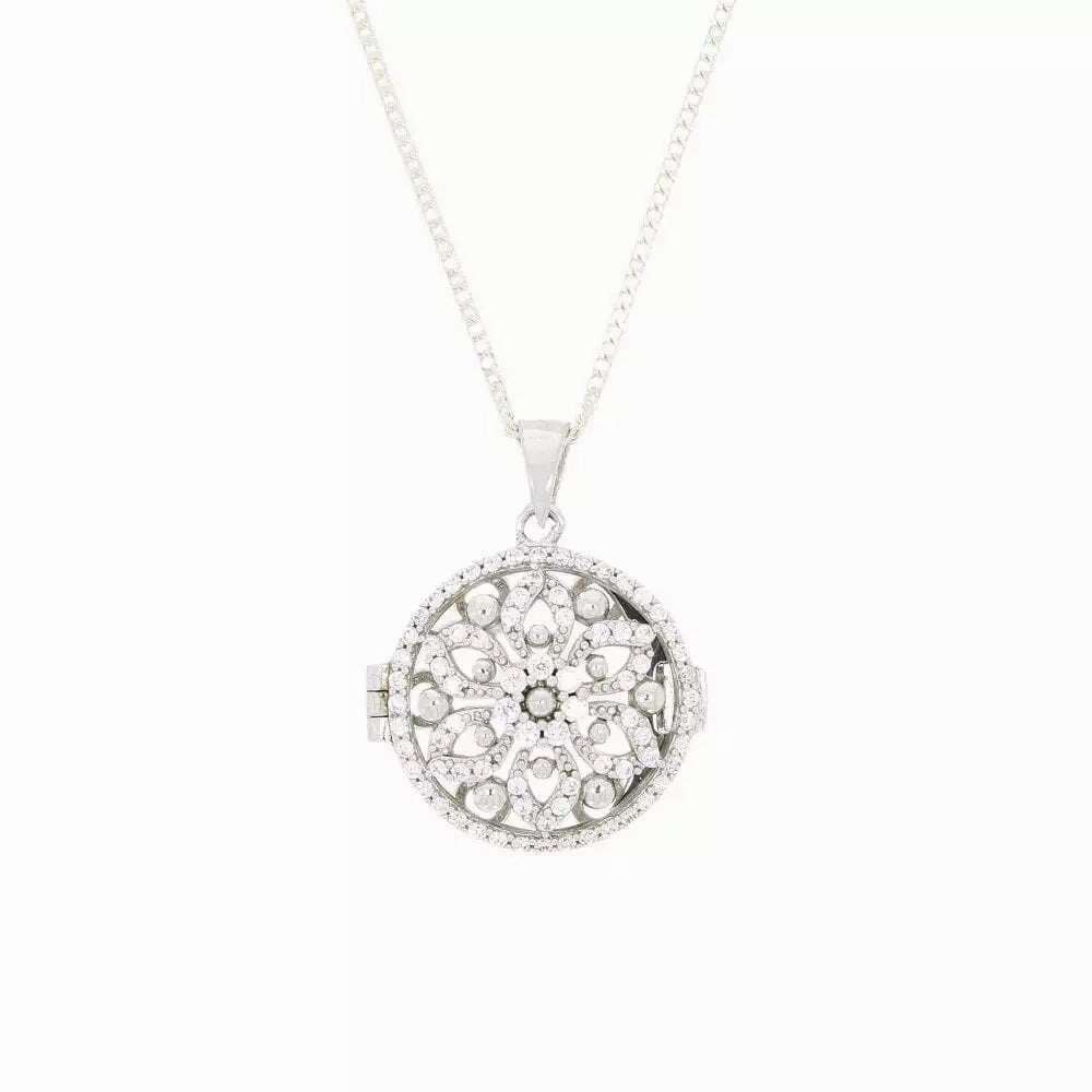 Sterling Silver Cubic Zirconia Round Flower Design Locket and Chain