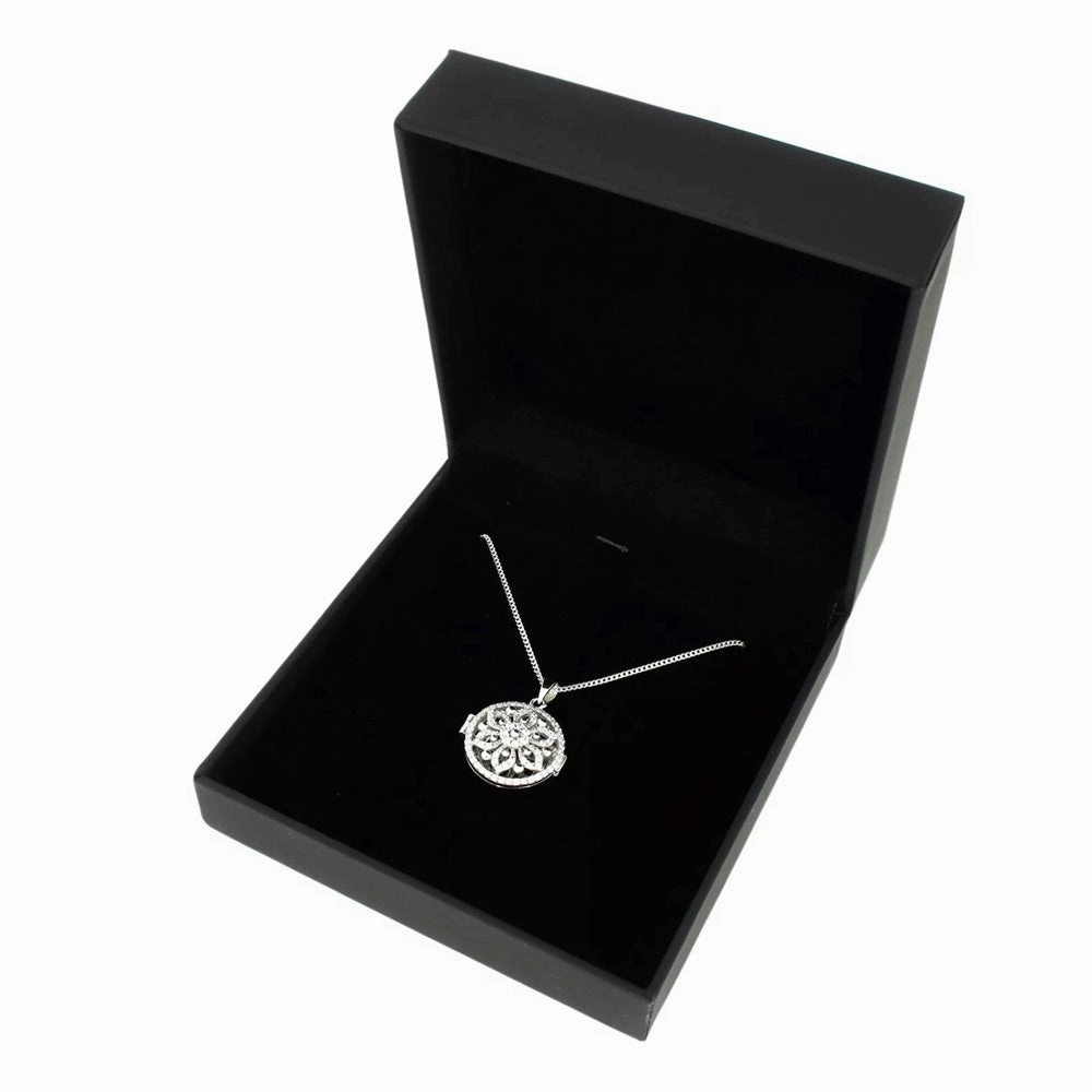 Sterling Silver Cubic Zirconia Round Flower Design Locket and Chain