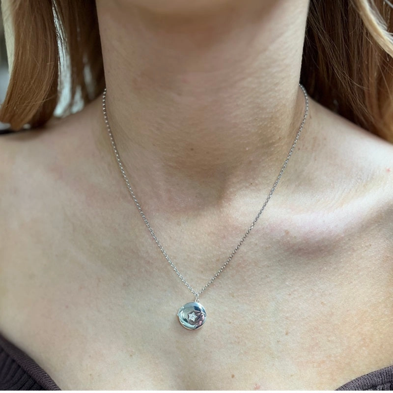 Sterling Silver Cubic Zirconia Round Locket and Chain
