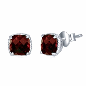Sterling Silver Cushion Cut Garnet Stud Earrings