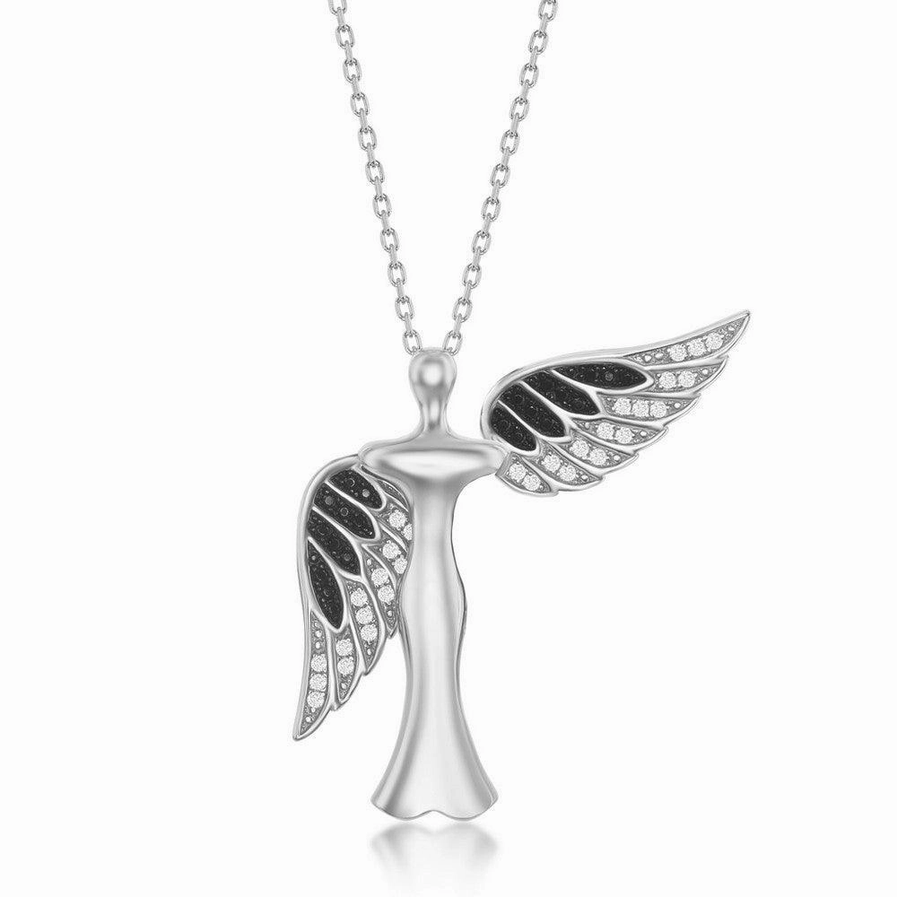 Sterling Silver CZ Angel  Pendant With  Movable Wings - Rhodum Plated