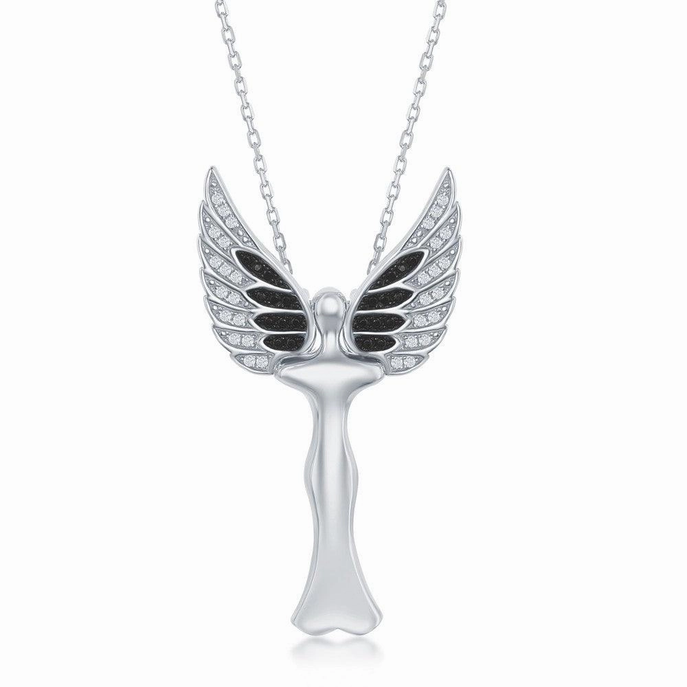 Sterling Silver CZ Angel  Pendant With  Movable Wings - Rhodum Plated