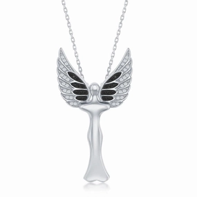 Sterling Silver CZ Angel  Pendant With  Movable Wings - Rhodum Plated