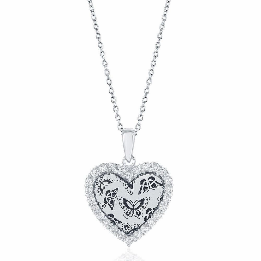 Sterling Silver CZ Border Heart with Butterfly Design Necklace