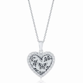 Sterling Silver CZ Border Heart with Butterfly Design Necklace