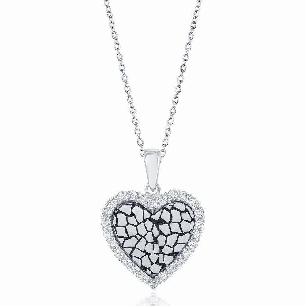 Sterling Silver CZ Border Heart with Cobblestone Design Necklace