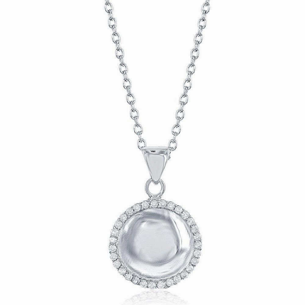 Sterling Silver CZ Border Round Disc Necklace