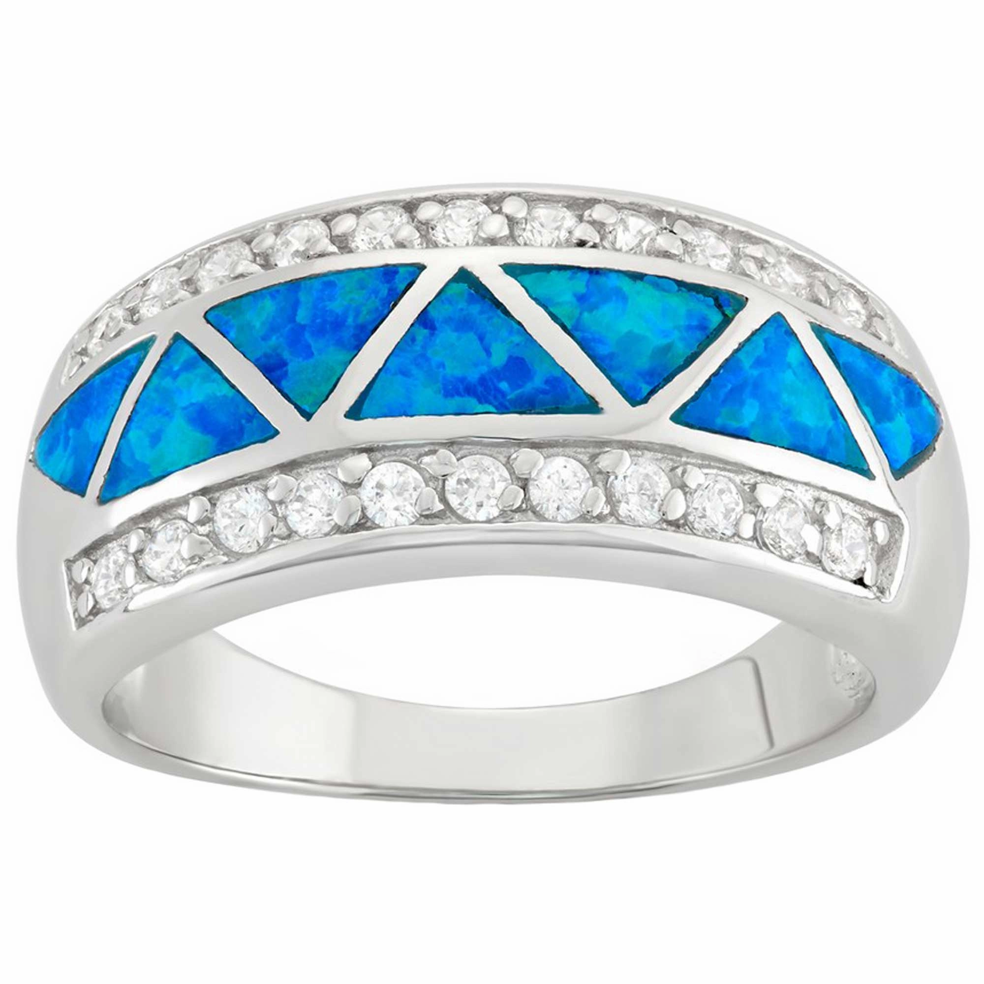 Sterling Silver CZ Borders With Triangle Designed Opal Ring - W-9591